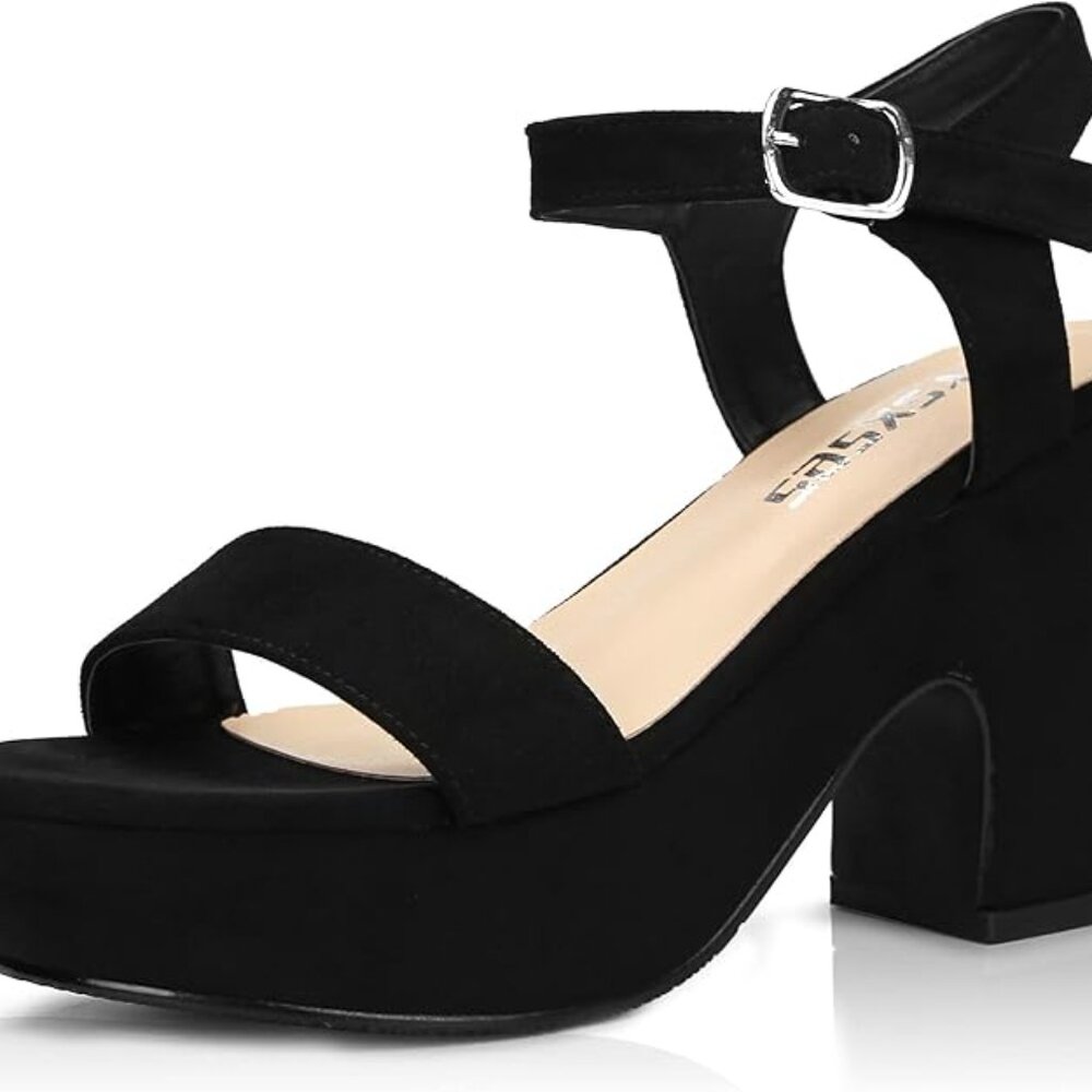 Women's Black Suede Platform Heels Sandals Size 6.5